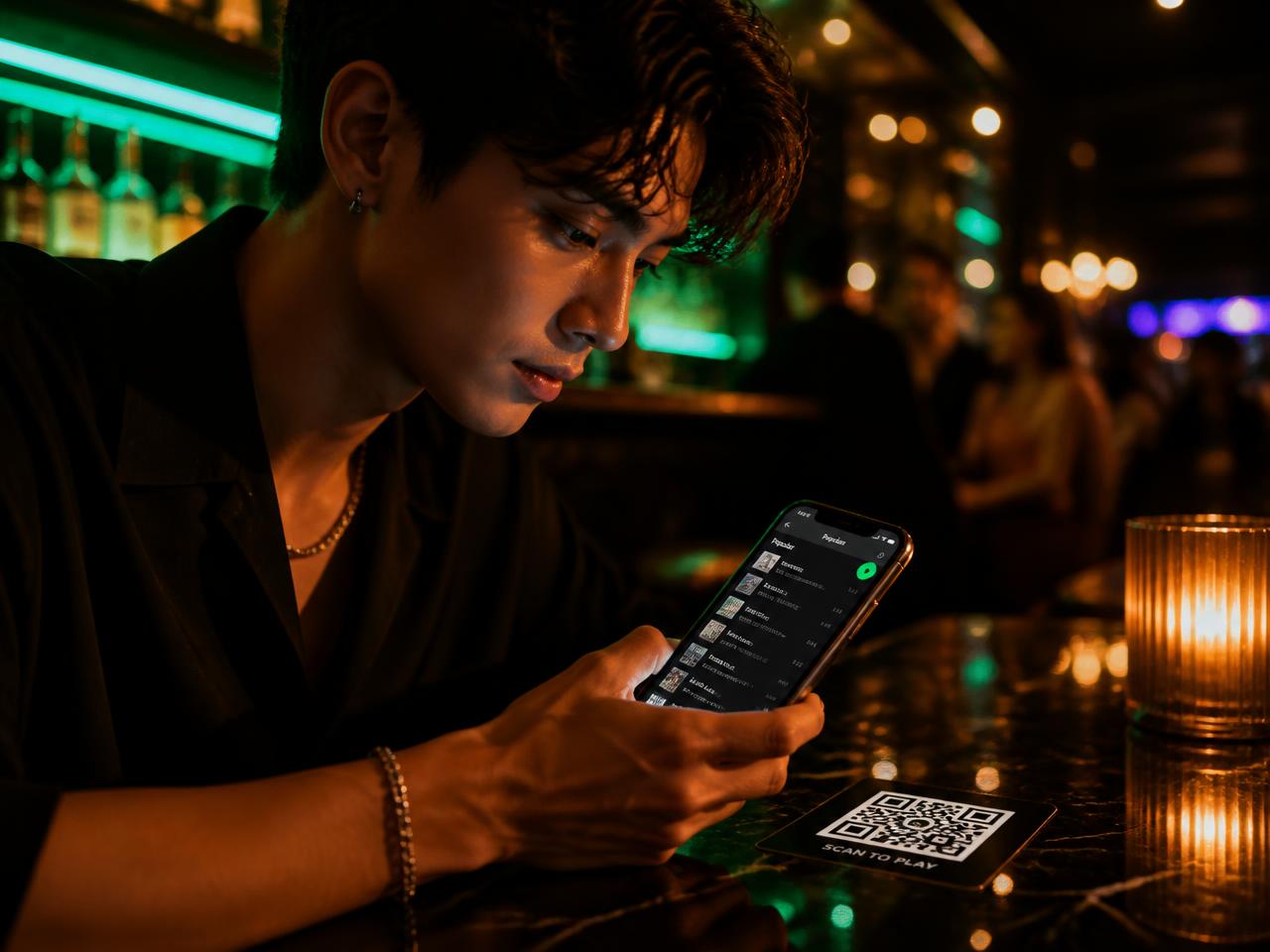Cliente de un bar escaneando el código QR de ROKO APP con su celular para elegir una canción